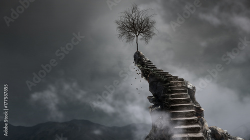 Obraz na płótnie Stone way going up and tree on top. Mixed media