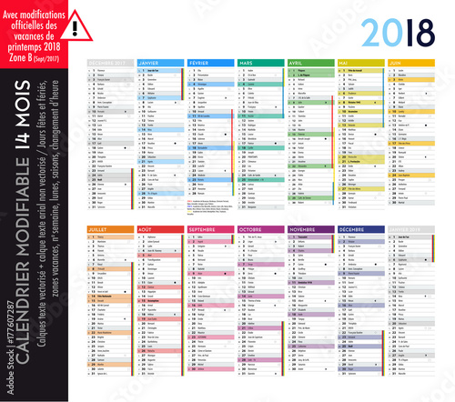 Calendrier 2018 sur 14 mois MODIFIABLE avec calques textes vectorisés et non vectorisés / Calendrier scolaire complet