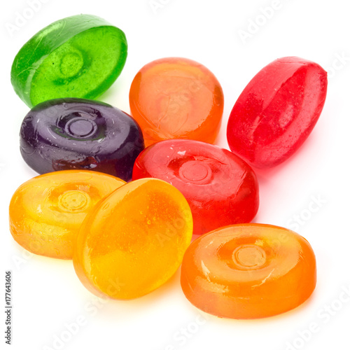 colorful fruit hard sugar candies,  boiled sweeties or sugar plums isolated on white background cutout