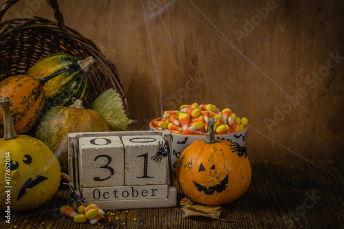 Halloween concept - pumpkins and symbols