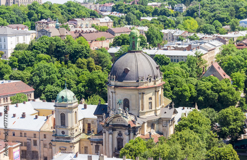 Dominican church from city town hall in Lviv, Ukraine