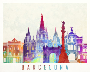 Barcelona landmarks watercolor poster