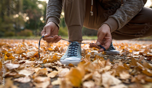 Zdjęcie XXL Człowiek przygotowuje się do biegania sznurowanie butów sportowych. Mężczyzna w naturze jogging na wysuszonych liściach.