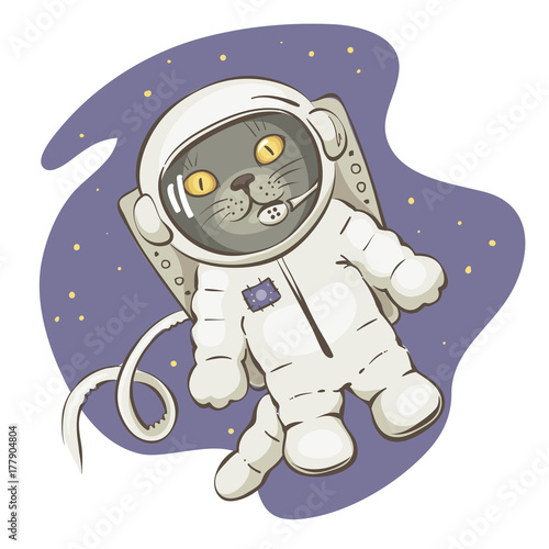 In open space / Funny vector illustrations with grey cat in space suit