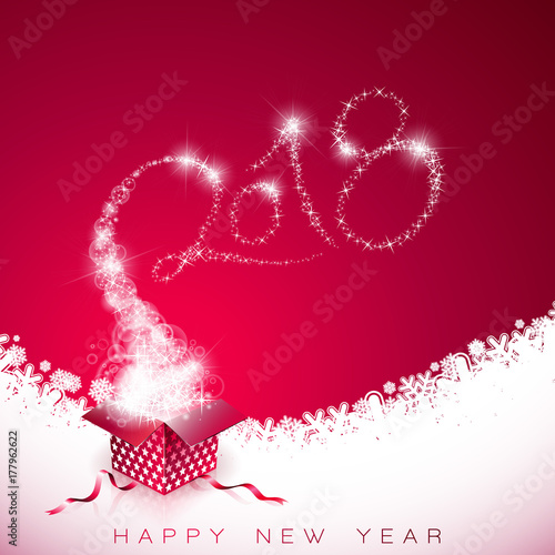 Vector Happy New Year 2018 Illustration on Red Background with Gift Box and Typography Design.