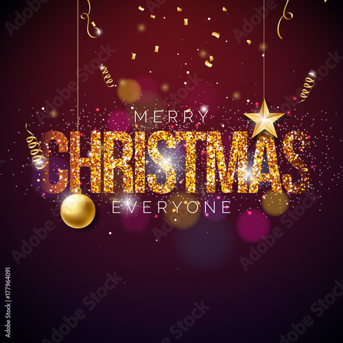 Vector Merry Christmas Illustration on Shiny Bright background with Typography and Holiday Elements. Cutout Paper Stars, Confetti, Serpentine and Ornamental Ball.