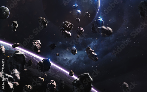 Plakat Meteoryty. Obraz głębokiej przestrzeni, fantasy science-fiction w wysokiej rozdzielczości, idealny do tapet i druku. Elementy tego obrazu dostarczone przez NASA