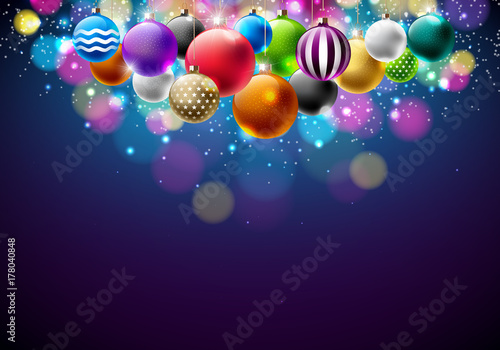Vector Merry Christmas Illustration with Multicolor Ornamental Balls on Shiny Blue Background. Happy New Year Design for Greeting Card, Poster, Banner.
