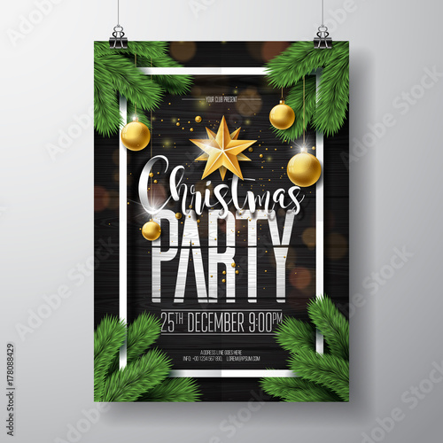 Vector Merry Christmas Party Design with Holiday Typography Elements and Ornamental Balls on Vintage Wood Background. Celebration Fliyer Illustration. EPS 10.