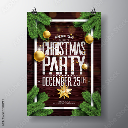 Vector Merry Christmas Party Design with Holiday Typography Elements and Ornamental Balls on Vintage Wood Background. Celebration Fliyer Illustration. EPS 10.