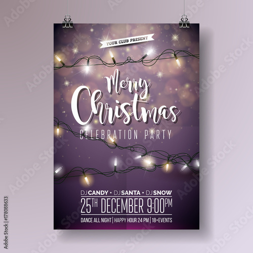 Vector Merry Christmas Party Design with Holiday Typography Elements and Light Garland on Shiny Background. Celebration Fliyer Illustration. EPS 10.