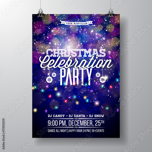 Vector Merry Christmas Party Design with Holiday Typography Elements and Light Garland on Shiny Background. Celebration Fliyer Illustration. EPS 10.