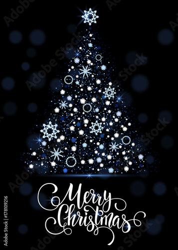 Christmas hand drawn lettering. Christmas tree decoration, snowflakes, gifts. Golden glitter texture. Winter holidays. Vector Illustration EPS10.