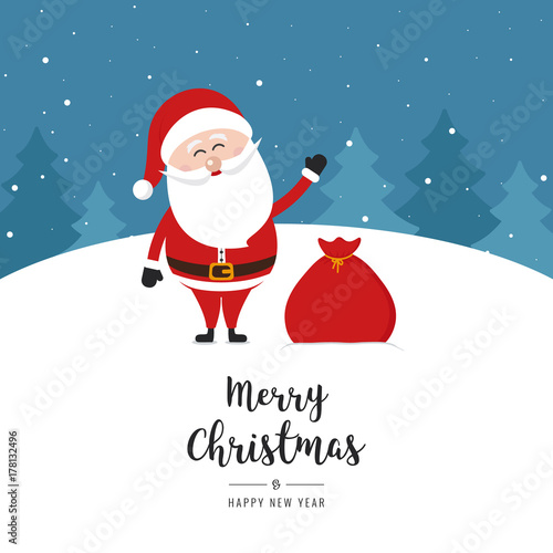 Santa claus wave merry christmas gretting text snow landscape background