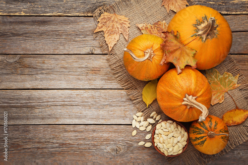 Orange pumpkins with dry leafs and seeds on grey wooden table