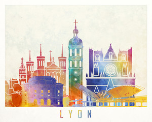 Lyon landmarks watercolor poster