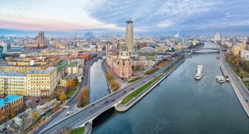 Plakat Aerial panorama of Moscow nearby the confluence of Vodootvodny Canal and Moskva river