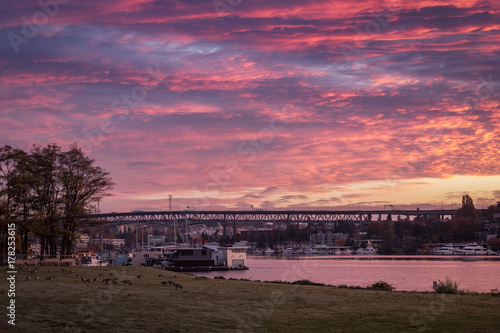 Dawn breaks over Seattle and Lake Union
