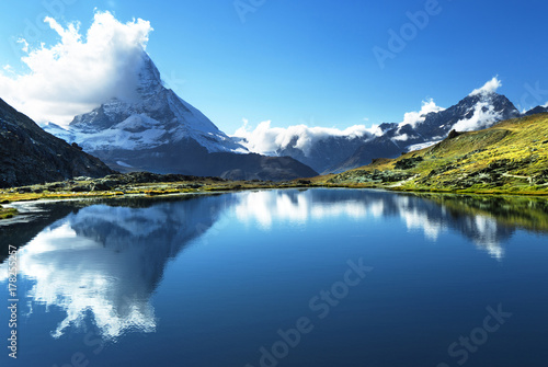 Reflection of Matterhorn in lake, Zermatt, Switzerland