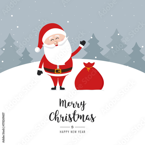 Santa claus wave sack merry christmas gretting text snow landscape background
