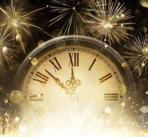 Waiting Midnight - Clock And Fireworks - Happy New Year
