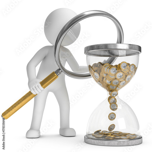 3d Männchen mit Lupe und Sanduhr mit Geldmünzen