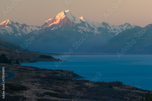 Mount Cook and lake Pukaki during the sunset