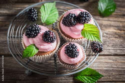Tasty blackberry cupcake with berries and pink cream