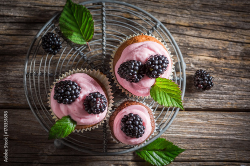 Sweet blackberry cupcake made of cream and fruits