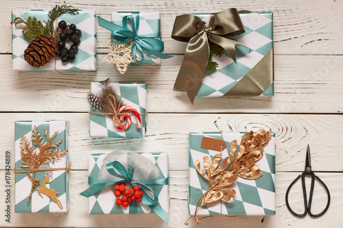 Christmas presents on wooden background