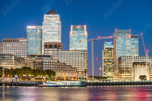 Canary Wharf skyscrapers at sunset, the financial district of the city
