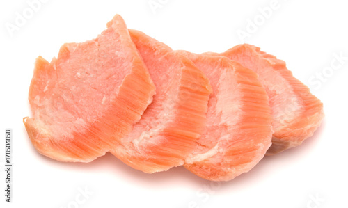 smoked salmon segments isolated on white background cutout. Prepared fish fillet fibres.
