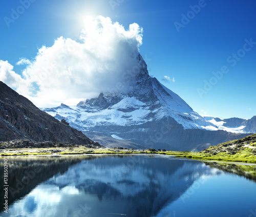 Reflection of Matterhorn in lake Riffelsee, Zermatt, Switzerland