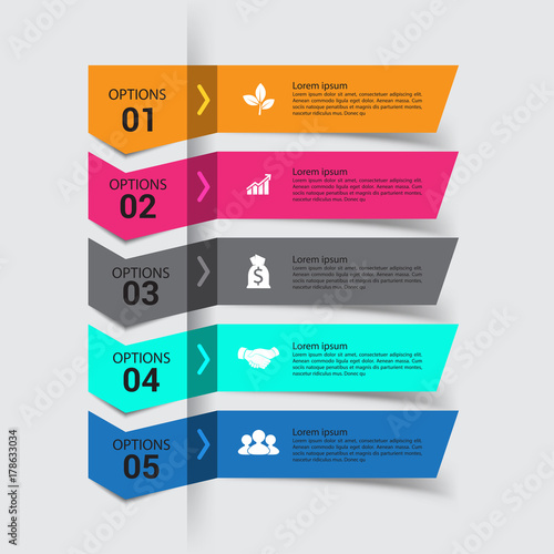Modern infographics process  with connected , icons and text for 5 steps.