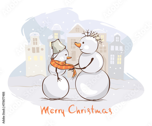 Christmas postcards / Caring mother snowman, She ties a scarf to her son, vector illustration.