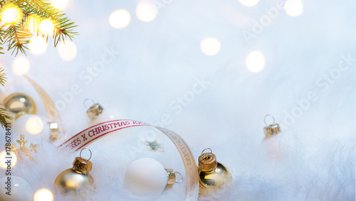 Christmas holidays composition on white fur background with copy space for your text