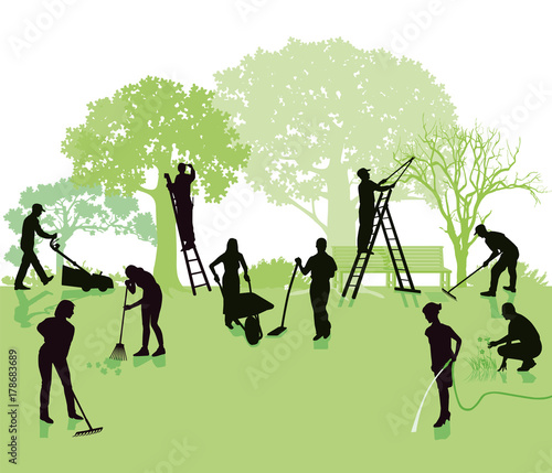 Gartenarbeiten, Gartenanlage mit Gärtnern