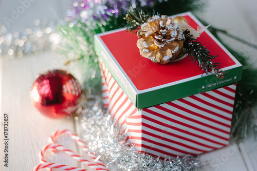 New year gifts and presents on white wooden board.