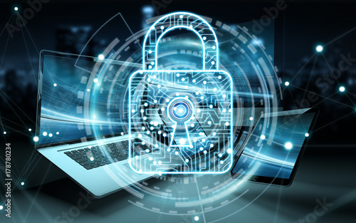 Antivirus interface over modern tech devices 3D rendering