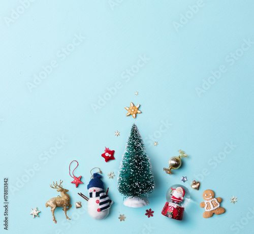 Christmas holidays ornament flat lay; Christmas card background