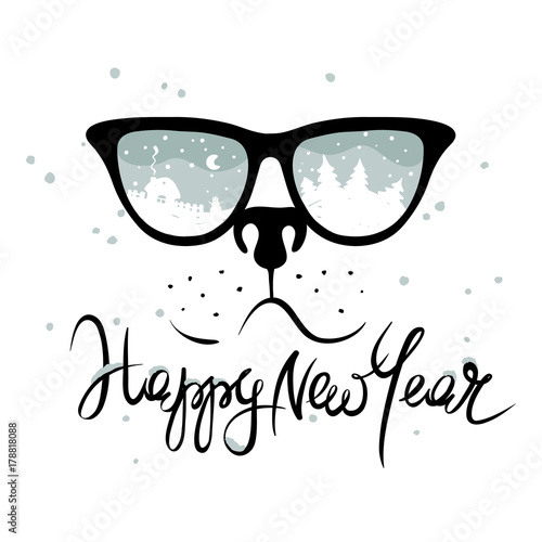 Dog in the glasses in which winter is reflected / Funny christmas hand drawing calligraphy "Happy New Year"