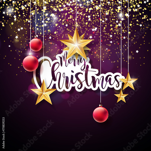 Merry Christmas Hand Lettering Illustration with Paper Label and Red Ornamental Glass Balls on Dark Violet Background. Vector EPS 10 Holiday Design.