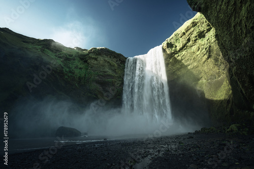 Skogarfoss waterfall and summer sunny day, Iceland