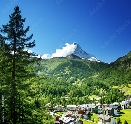 Zermatt village with peak of Matterhorn in Swiss Alps