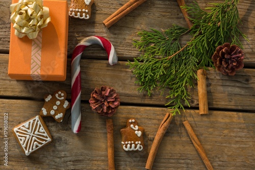 Overhead view of Christmas decoration with spice