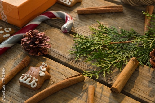 High angel view of Christmas decoration with spice