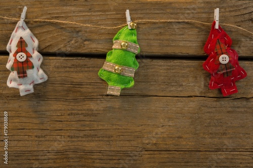Overhead view of Christmas tree shapes attached with clip on