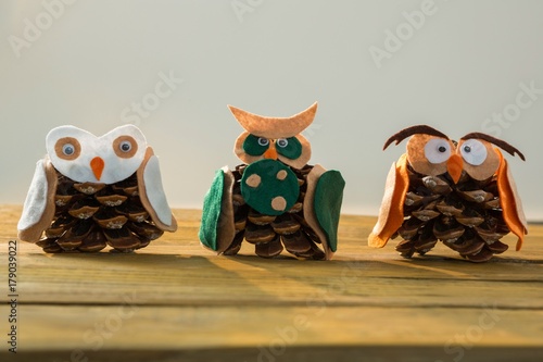 Close up of owls made with pine cones