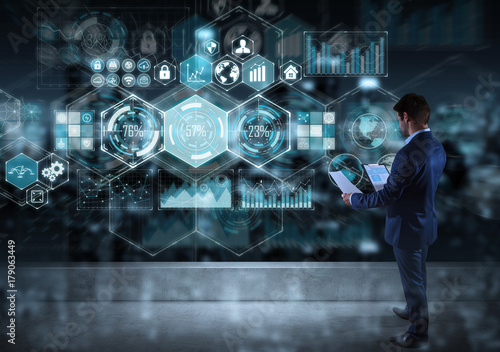 Businessman watching chart screens interface on a rooftop 3D rendering
