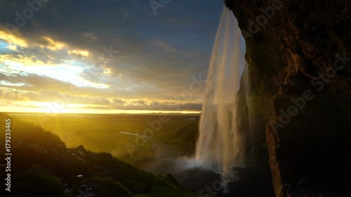Seljalandsfoss waterfall at sunset, Iceland